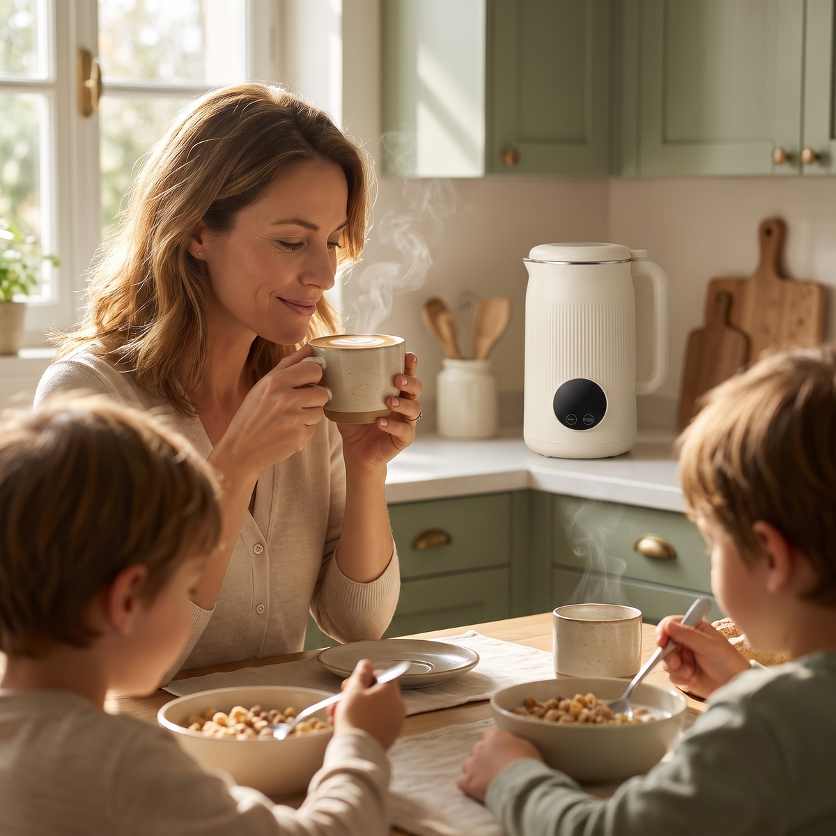 Petit-déjeuner en famille avec le lait végétal fait maison