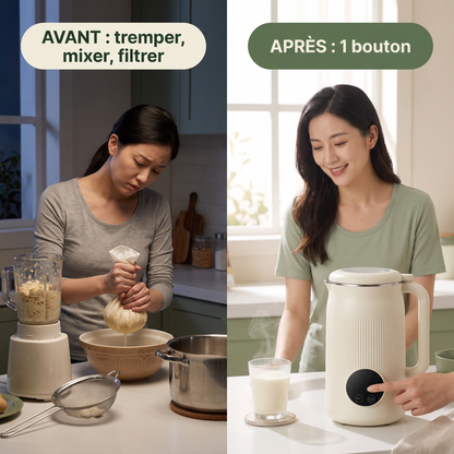 Avant : tremper, mixer, filtrer. Après : 1 bouton