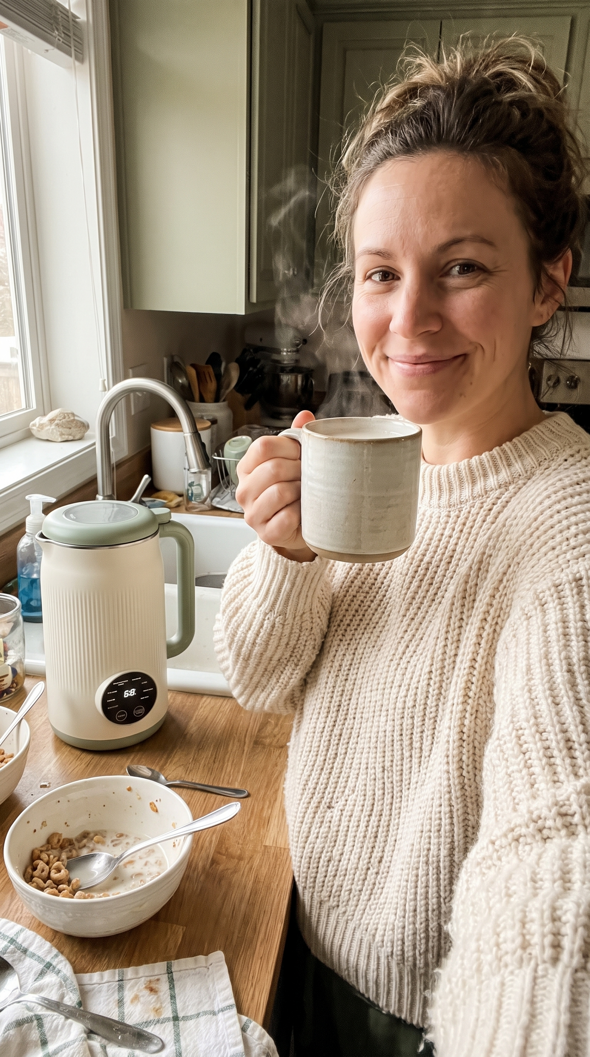 Une maman avec son lait végétal chaud du matin